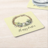 Waterverf Rustic Grapevine & Egg Nest Pasen Vierkante Kartonnen Onderzetter (Schuin)