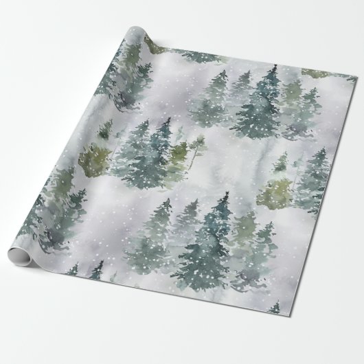 Waterverf Rustic Pine Trees Forest Snow Cadeaupapier (Uitgerold)