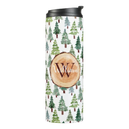 Waterverf Rustic Pine Winter Forest Personalized Thermosbeker (Gedraaid links)