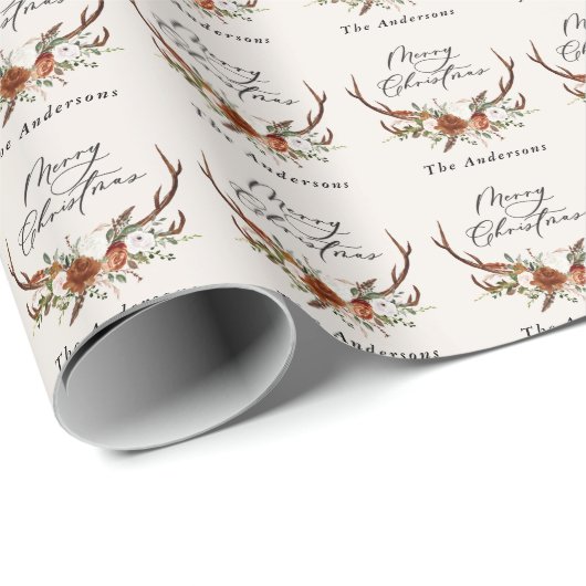 waterverf rustiek hert bloemenfeest vrolijk kerstf cadeaupapier (Rol Hoek)