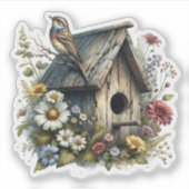  Waterverf Rustiek Vogelhuis en Vogel Sticker (Voorkant)