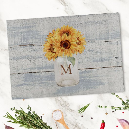 Waterverf Rustiek Zonnebloem Boeket in Mason Jar Snijplank