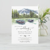 Waterverf rustieke berg meer met boten bruiloft kaart (Staand voorkant)