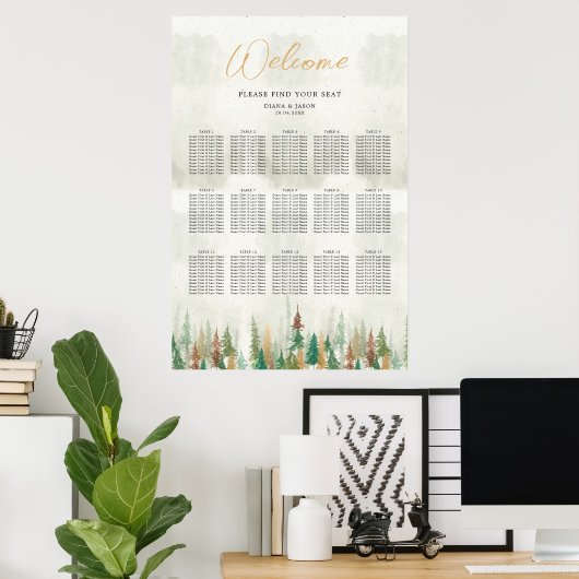 Waterverf Rustieke bos pijnbomen zitgrafiek Poster (Thuiskantoor)