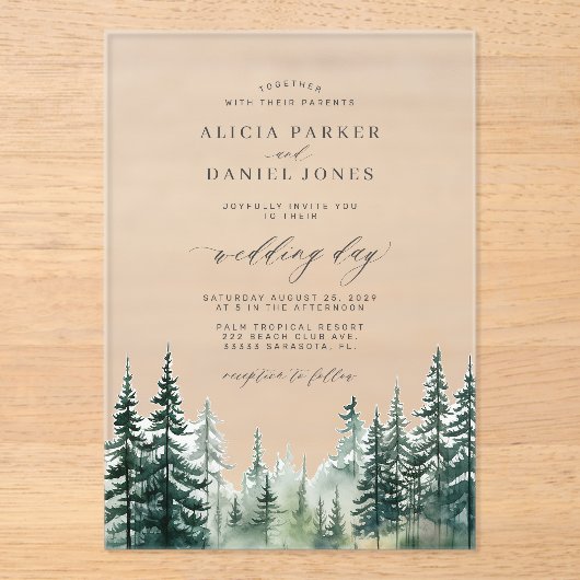 Waterverf rustieke dennenbos bruiloft acryl uitnodigingen (Voorkant)