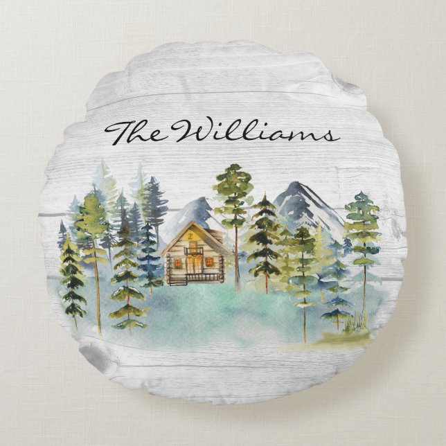 Waterverf rustieke Foggy Forest Mountain Cabin Rond Kussen (Voorkant)
