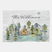 Waterverf rustieke Foggy Forest Mountain Cabin Theedoek (Horizontaal)