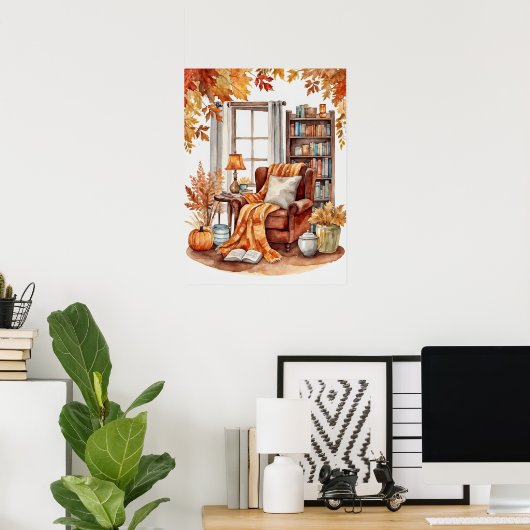 Waterverf Rustieke Herfst Herfst Reading Nook Poster (Thuiskantoor)