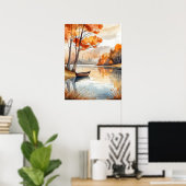 Waterverf Rustieke Herfst Herfst Trees Lake Rowboa Poster (Thuiskantoor)