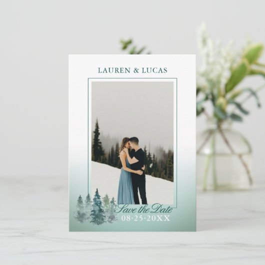 Waterverf Rustieke Pijnspar Bomen FOTO Bruiloft Save The Date (Staand voorkant)