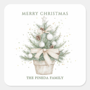 Waterverf rustieke potkerstboom vierkante sticker