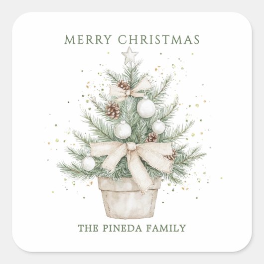 Waterverf rustieke potkerstboom vierkante sticker (Voorkant)