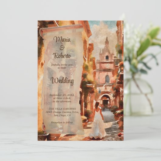 Waterverf rustieke stad mexicaanse bruiloft uitnod kaart (Staand voorkant)