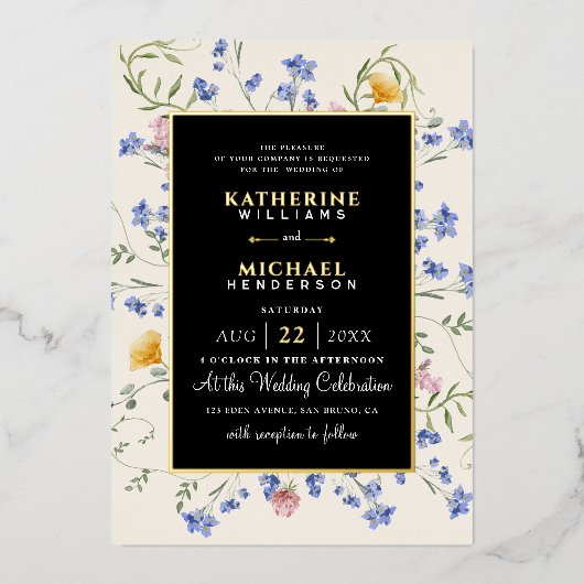 Waterverf Rustieke wilde bloemen weide bruiloft Folie Uitnodiging (Voorkant)