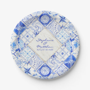 Waterverf Rustisch Land Blue White Tile Diamond Papieren Bordje