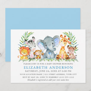 Waterverf Safari Animals Baby shower Blue Silver Kaart