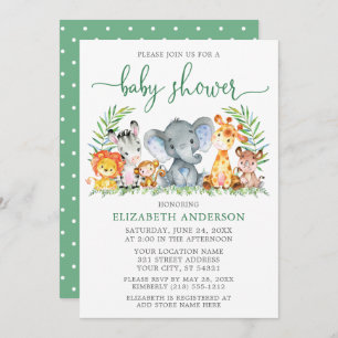 Waterverf Safari Animals Baby shower Green Script Kaart