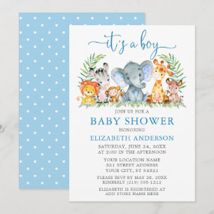 Waterverf Safari Animals Blue Script Boy Shower Kaart