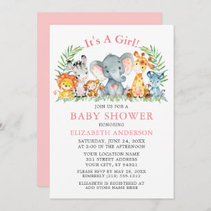 Waterverf Safari Animals Girl Pink Baby shower Kaart