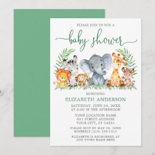 Waterverf Safari Animals Green Script Baby shower Kaart