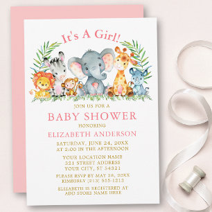 Waterverf Safari Animals Pink Gold Baby shower Kaart