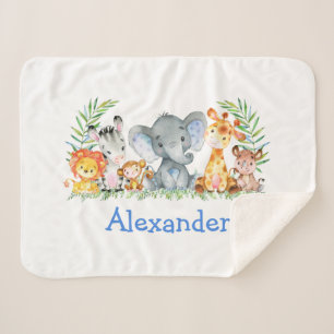 Waterverf Safari Baby Animals Blue Elephant Sherpa Deken