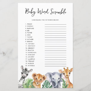 Waterverf Safari Baby shower Baby Word Scramble