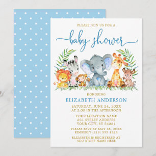 Waterverf Safari Dieren Baby Borrel Blauwe Script Kaart