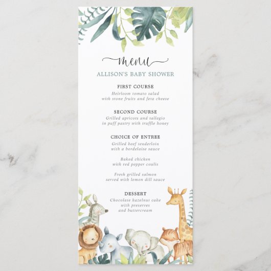 Waterverf Safari Dieren baby shower menu (Voorkant)