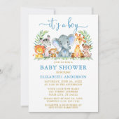 Waterverf Safari Dieren Jongen Blauw Goud Babyfees Kaart (Voorkant)