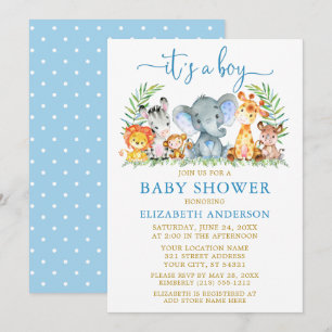 Waterverf Safari Dieren Jongen Blauw Goud Babyfees Kaart