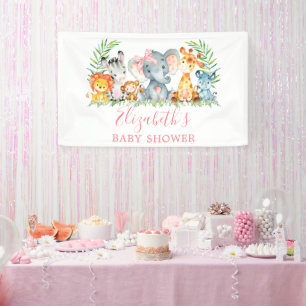 Waterverf Safari Dieren Roze Bow Baby shower Spandoek