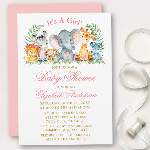 Waterverf Safari Dieren Roze Script Baby shower Kaart