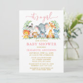 Waterverf Safari Dieren Roze Script Girl Shower Kaart (Staand voorkant)