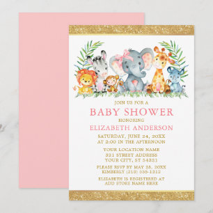 Waterverf Safari Dieren tonen roze Bow Glitter Kaart