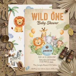 Waterverf Safari Jungle Wild One Baby Shower Kaart