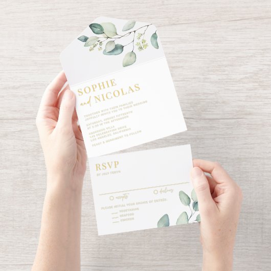 Waterverf Sage Green Eucalyptus verlaat bruiloft All In One Uitnodiging (Uittrekbaar)