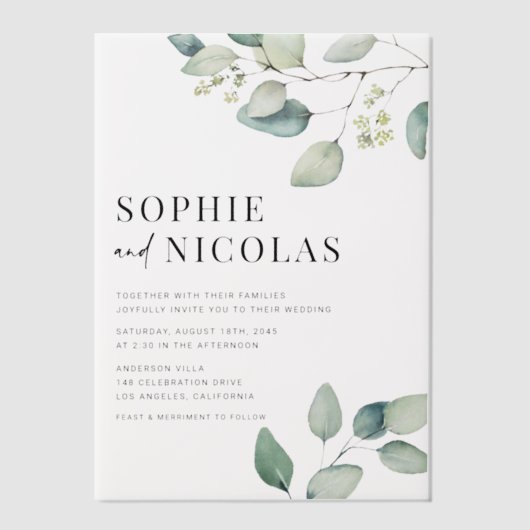 Waterverf Sage Green Eucalyptus Weddenschap Vellum Uitnodigingen (Voorkant)