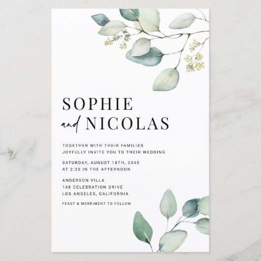 Waterverf Sage Groen Eucalyptus Bruiloft Uitnodige (Voorkant)