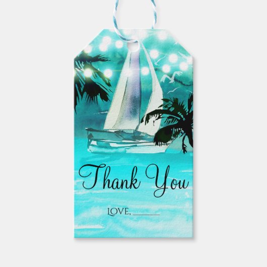 Waterverf Sailboat Palm Trees & String Lights Cadeaulabel (Voorkant)
