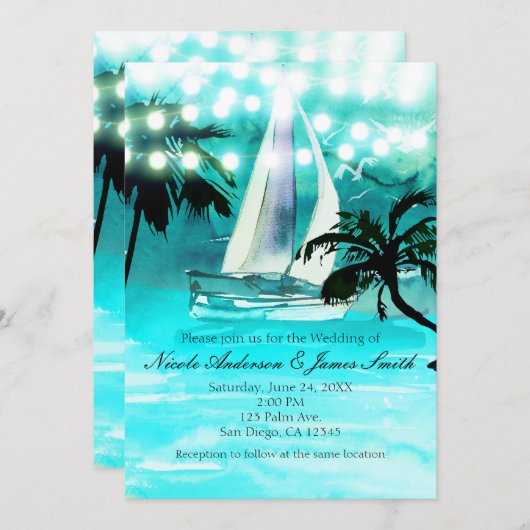 Waterverf Sailboat Palm Trees & String Lights Kaart (Voorkant / Achterkant)