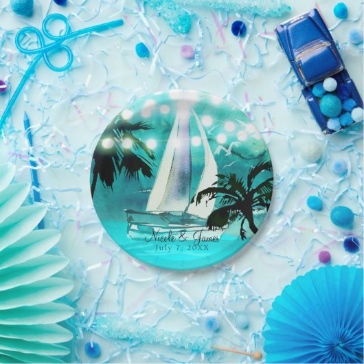 Waterverf Sailboat Palm Trees & String Lights Papieren Bordje (Feest)