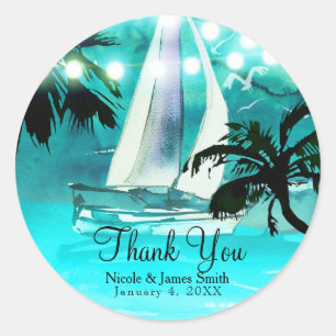 Waterverf Sailboat Palm Trees & String Lights Ronde Sticker