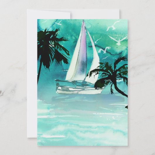 Waterverf Sailboat & Palm Trees Zee Uitnodigingen (Achterkant)