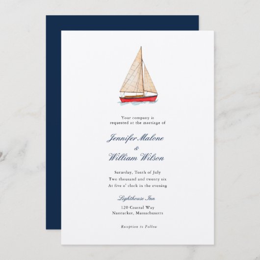 Waterverf Sailboot Nautical bruiloft uitnodiging (Voorkant / Achterkant)