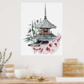 Waterverf Sakura Blossom Bamboo Japanse tempel Poster (Keuken)