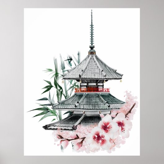 Waterverf Sakura Blossom Bamboo Japanse tempel Poster (Voorkant)
