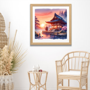 Waterverf Sakura Japanse tempel in zonsondergang Poster