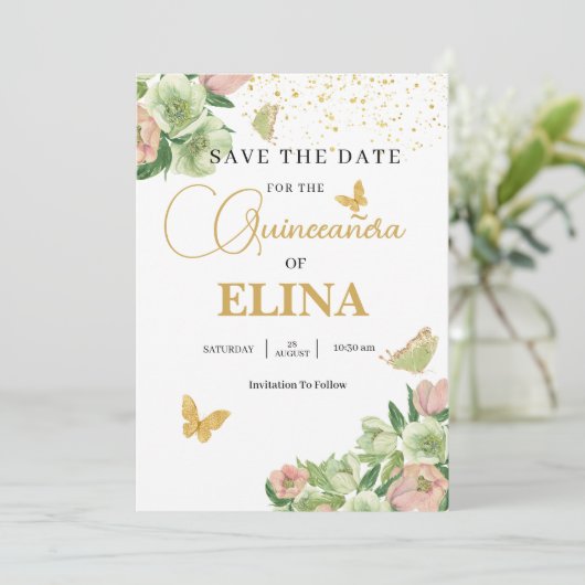 Waterverf salie groen roze bloemen Quinceañera Save The Date (Staand voorkant)