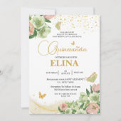 Waterverf saliegroen roze bloemige Quinceañera Kaart (Voorkant)